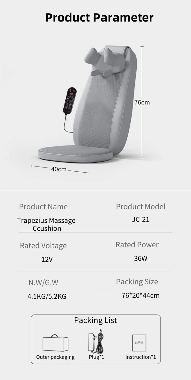 Electric Back Massager Vibrating Cervical Massage Chair Seat Cushion for Body Shiatsu Heated Kneading Relaxarion Home Office Use